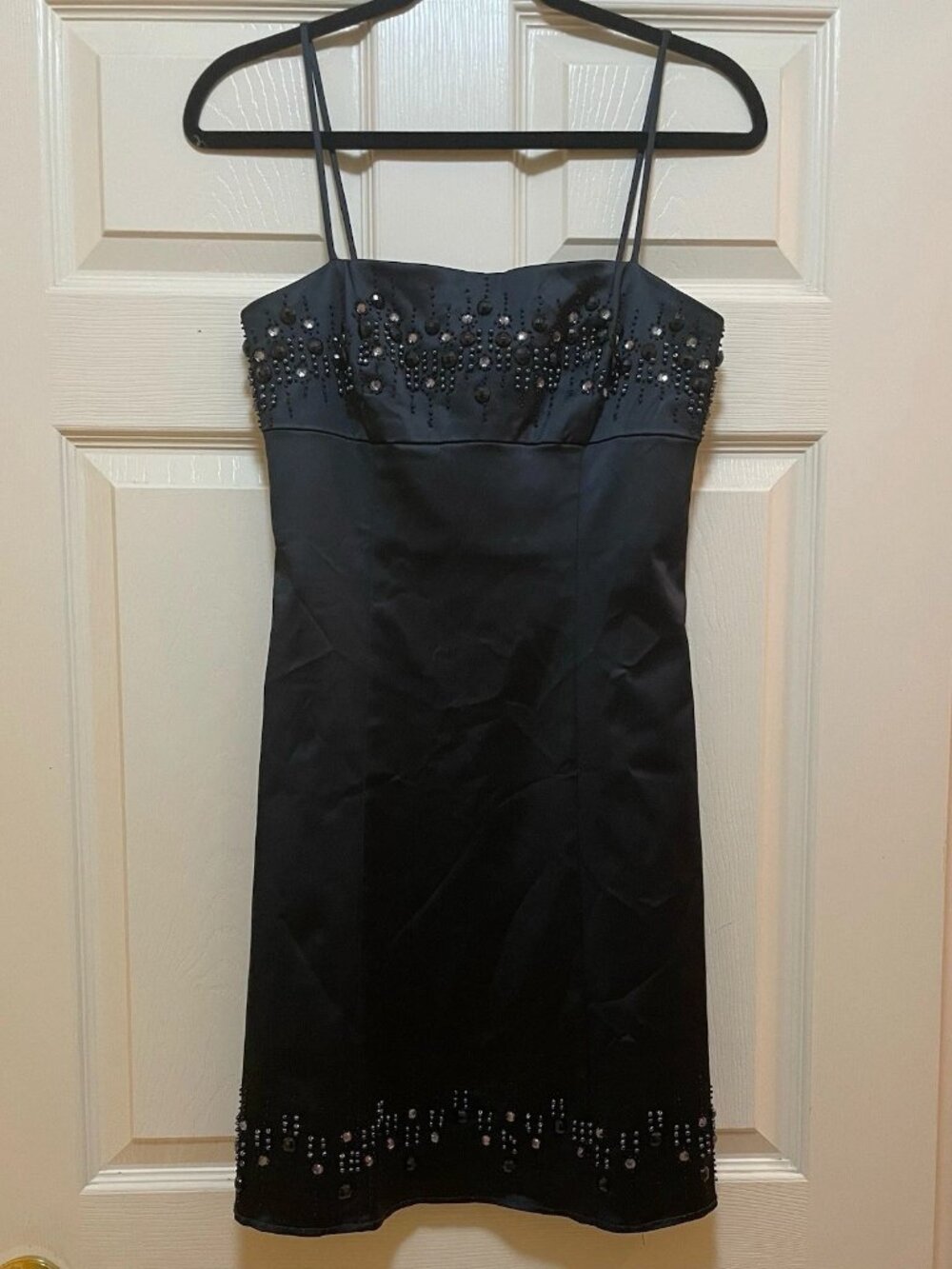 VTG OLEG CASSINI Black Beaded Satin Spaghetti Strap Short Cocktail Dress Sz 4